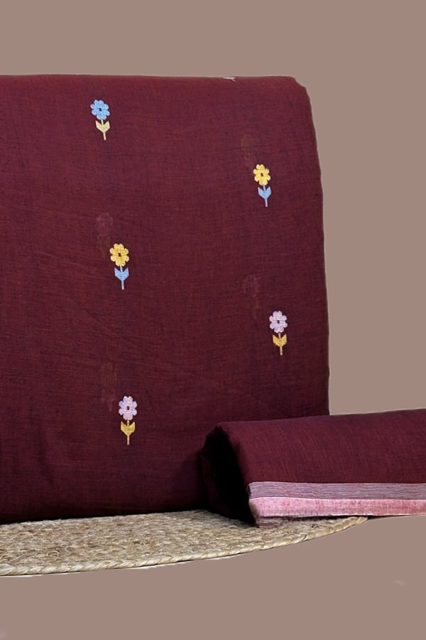 Maroon - 2pc Handloom Woven Design Cotton Top and Handloom Soft Cotton Bottom Fabric Set