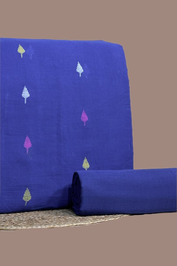 Blue - 2pc Handloom Woven Design Cotton Top and Handloom Soft Cotton Bottom Fabric Set