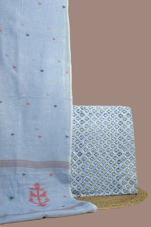 Blue - 2pc Handloom Cotton Dupatta and Blockprinted Soft Cotton Top Set Blue - 2pc Handloom Cotton Dupatta and Blockprinted Soft Cotton Top Set - Image 1