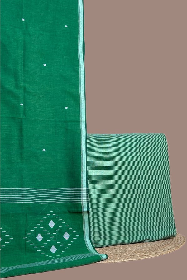 Green - 2pc Handloom Cotton Dupatta and Handloom Woven Stripes Cotton Top Fabric Set Green - 2pc Handloom Cotton Dupatta and Handloom Woven Stripes Cotton Top Fabric Set - Image 1