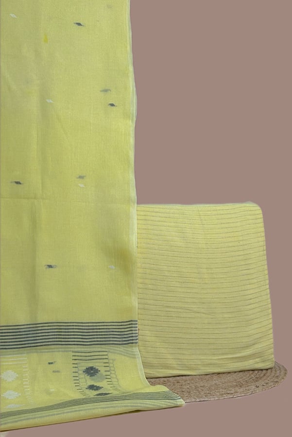 Yellow - 2pc Handloom Cotton Dupatta and Handloom Woven Stripes Cotton Top Fabric Set Yellow - 2pc Handloom Cotton Dupatta and Handloom Woven Stripes Cotton Top Fabric Set - Image 1