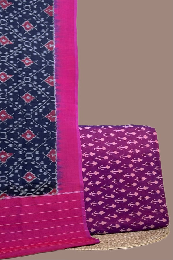 Pink - 2pc Ikkat Cotton Dupatta and Handloom Soft Ikkat Cotton Top Fabric Set Pink - 2pc Ikkat Cotton Dupatta and Handloom Soft Ikkat Cotton Top Fabric Set - Image 1