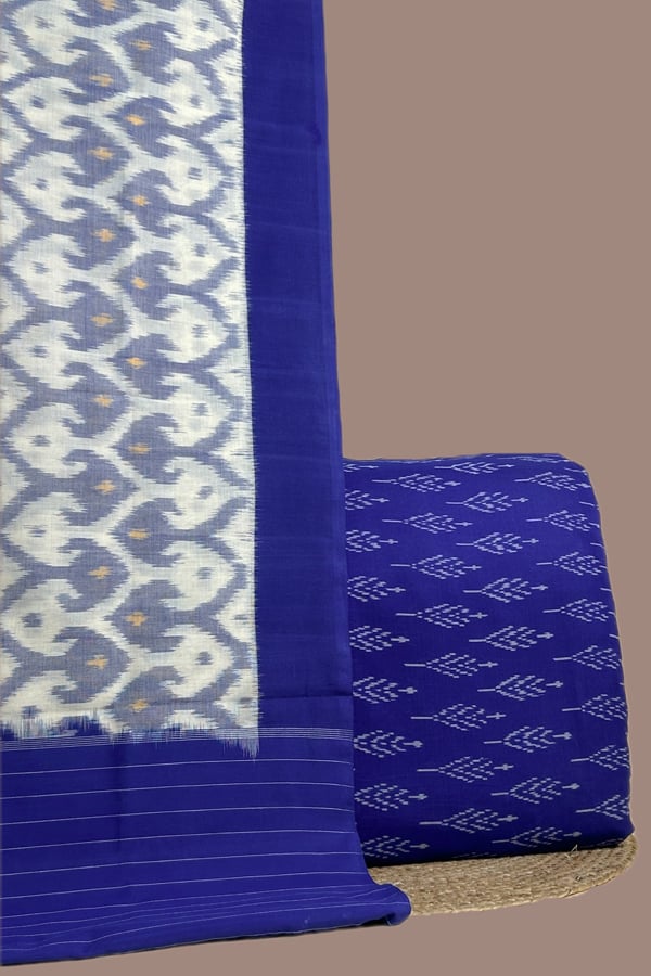 Blue - 2pc Ikkat Cotton Dupatta and Handloom Soft Ikkat Cotton Top Fabric Set Blue - 2pc Ikkat Cotton Dupatta and Handloom Soft Ikkat Cotton Top Fabric Set - Image 1