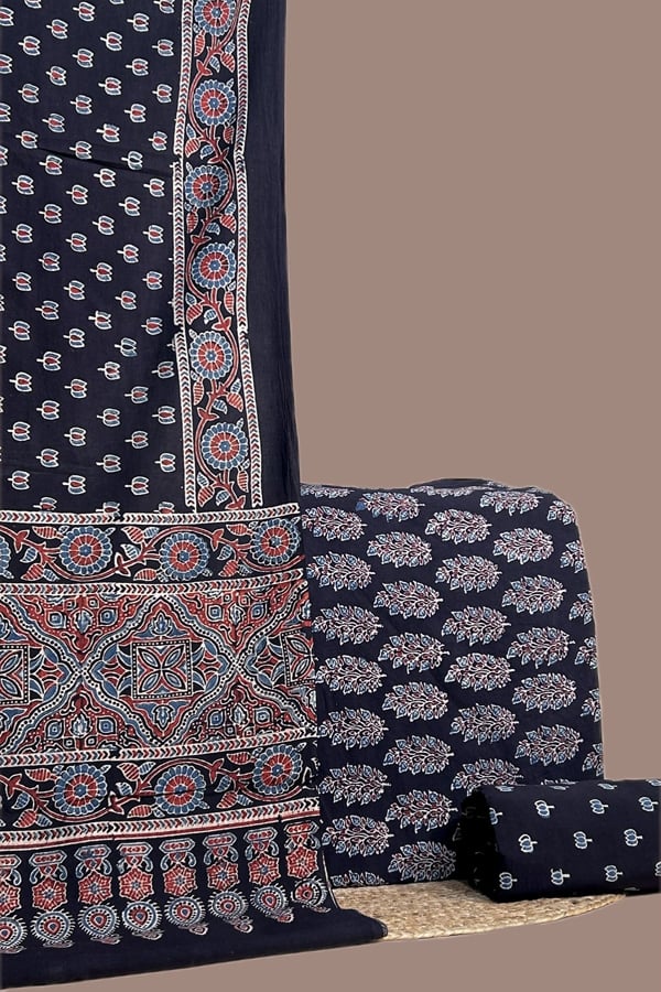 Black - 3pc Ajrakh HandCrafted Dupatta with Top Bottom Soft Cotton Fabric Set Black - 3pc Ajrakh HandCrafted Dupatta with Top Bottom Soft Cotton Fabric Set - Image 1
