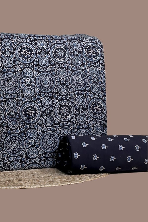 Black - 2pc Ajrakh HandCrafted Cotton Top and Bottom Cotton Fabric Set Black - 2pc Ajrakh HandCrafted Cotton Top and Bottom Cotton Fabric Set - Image 1