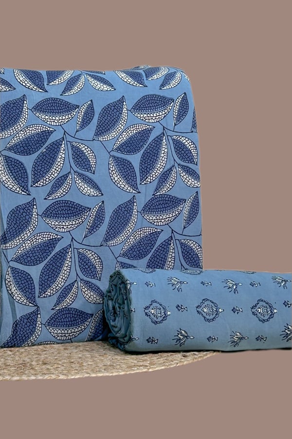 Blue - 2pc Ajrakh HandCrafted Cotton Top and Bottom Cotton Fabric Set