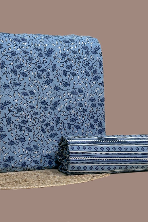 Blue - 2pc Ajrakh HandCrafted Cotton Top and Bottom Cotton Fabric Set Blue - 2pc Ajrakh HandCrafted Cotton Top and Bottom Cotton Fabric Set - Image 1