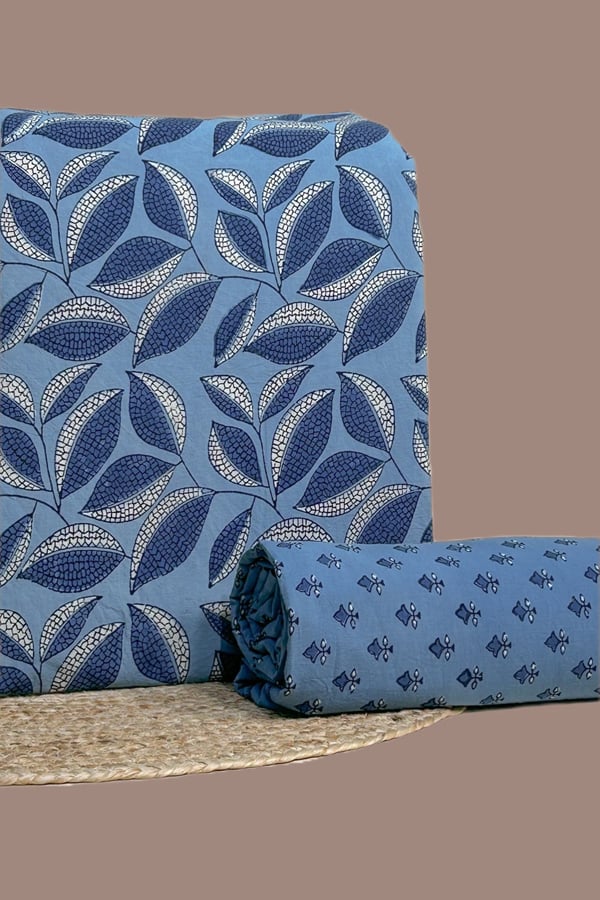 Blue - 2pc Ajrakh HandCrafted Cotton Top and Bottom Cotton Fabric Set Blue - 2pc Ajrakh HandCrafted Cotton Top and Bottom Cotton Fabric Set - Image 1