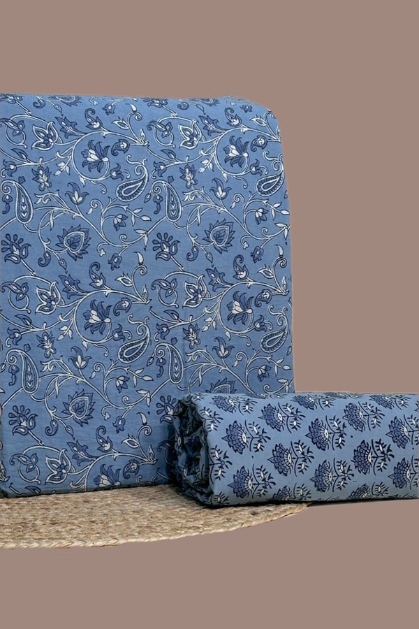 Blue - 2pc Ajrakh HandCrafted Cotton Top and Bottom Cotton Fabric Set Blue - 2pc Ajrakh HandCrafted Cotton Top and Bottom Cotton Fabric Set - Image 1