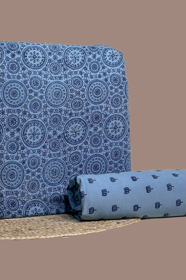 Blue - 2pc Ajrakh HandCrafted Cotton Top and Bottom Cotton Fabric Set Blue - 2pc Ajrakh HandCrafted Cotton Top and Bottom Cotton Fabric Set - Image 1