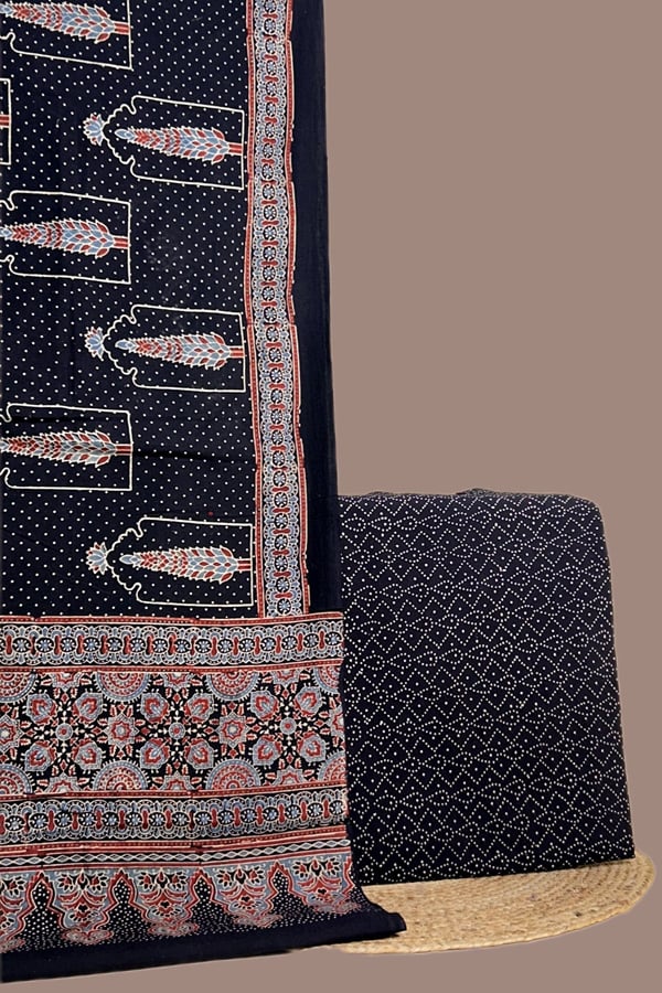 Black - 2pc Ajrakh HandCrafted Cotton Dupatta and Top Cotton Fabric Set