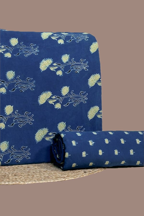 Blue - 2pc Ajrakh HandCrafted Cotton Top and Bottom Cotton Fabric Set Blue - 2pc Ajrakh HandCrafted Cotton Top and Bottom Cotton Fabric Set - Image 1