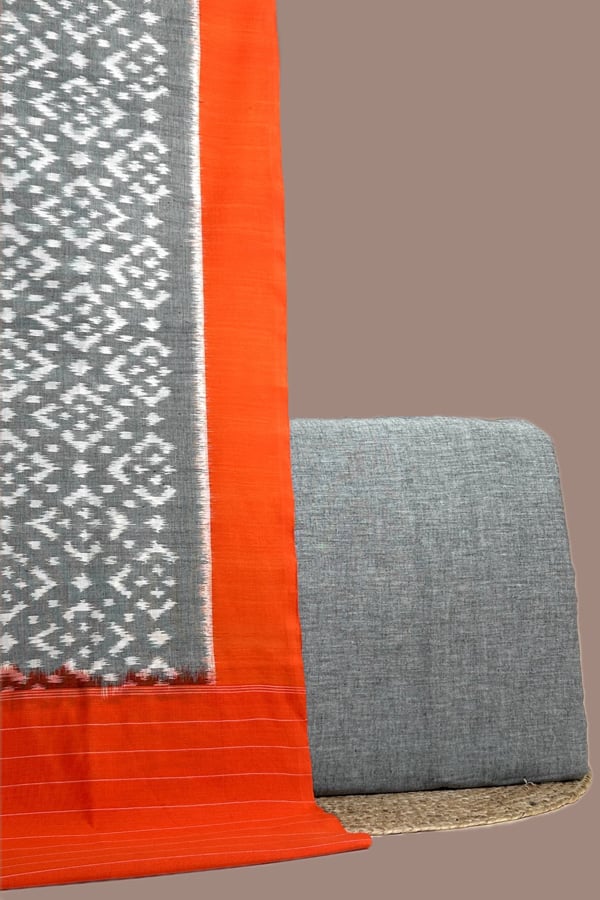 Gray - 2pc Ikkat Cotton Dupatta and Handloom Soft Cotton Top Fabric Set