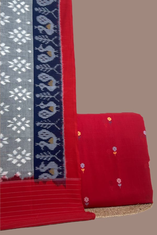 Red - 2pc Ikkat Cotton Dupatta and Handloom Woven Motif Cotton Top Fabric Set Red - 2pc Ikkat Cotton Dupatta and Handloom Woven Motif Cotton Top Fabric Set - Image 1
