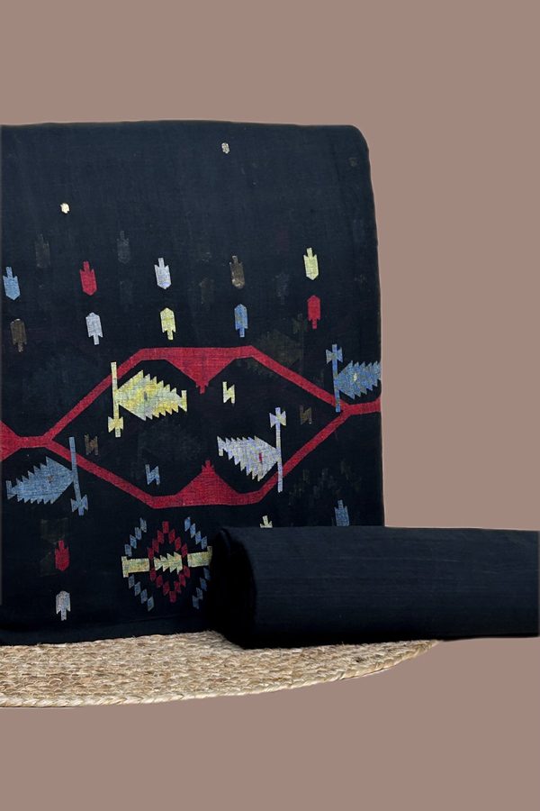 Black - 2pc Jamdani Intricate Woven Cotton Top and Handloom Bottom Fabric Set Black - 2pc Jamdani Intricate Woven Cotton Top and Handloom Bottom Fabric Set - Image 1