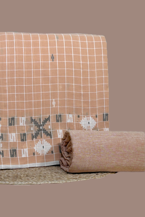 Beige - 2pc Jamdani Intricate Woven Cotton Top and Handloom Bottom Fabric Set Beige - 2pc Jamdani Intricate Woven Cotton Top and Handloom Bottom Fabric Set - Image 1