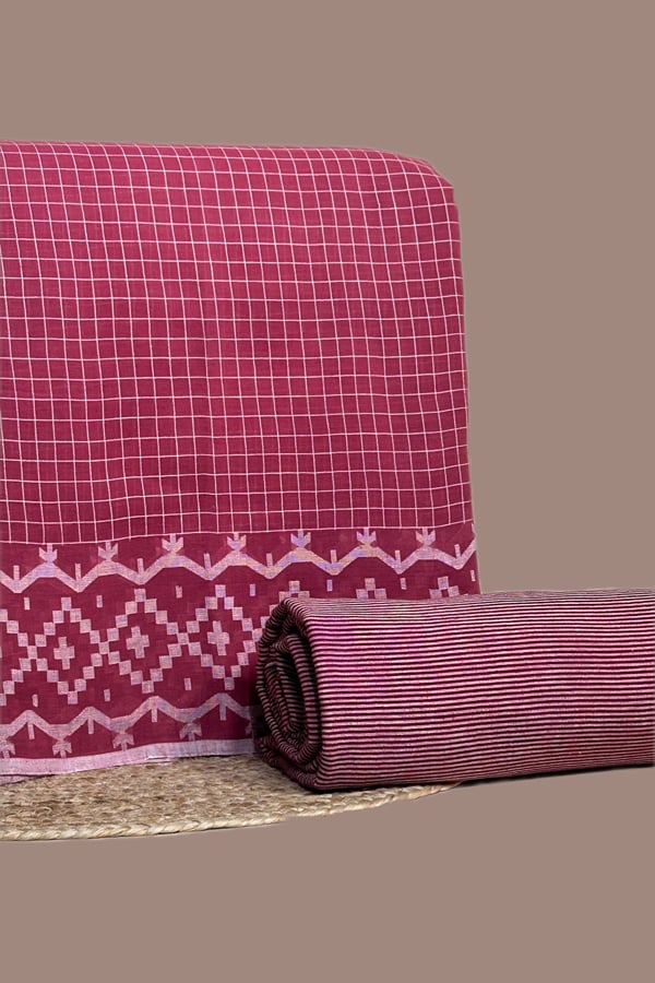 Red - 2pc Jamdani Intricate Woven Cotton Top and Handloom Stripes Bottom Fabric Set Red - 2pc Jamdani Intricate Woven Cotton Top and Handloom Stripes Bottom Fabric Set - Image 1