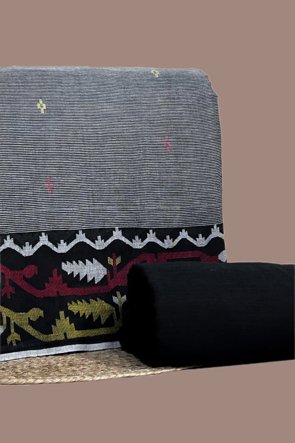 Black - 2pc Jamdani Intricate Woven Cotton Top and Handloom Stripes Bottom Fabric Set