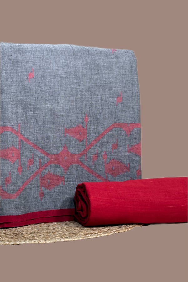 Gray 2pc Jamdani Intricate Woven Cotton Top and Handloom Bottom Fabric Set