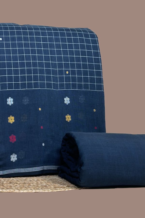 Blue - 2pc Jamdani Intricate Woven Cotton Top and Handloom Bottom Fabric Set Blue - 2pc Jamdani Intricate Woven Cotton Top and Handloom Bottom Fabric Set - Image 1