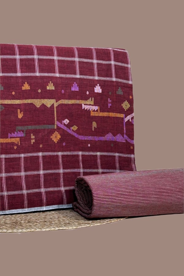 Red - 2pc Jamdani Intricate Woven Cotton Top and Handloom Stripes Bottom Fabric Set Red - 2pc Jamdani Intricate Woven Cotton Top and Handloom Stripes Bottom Fabric Set - Image 1