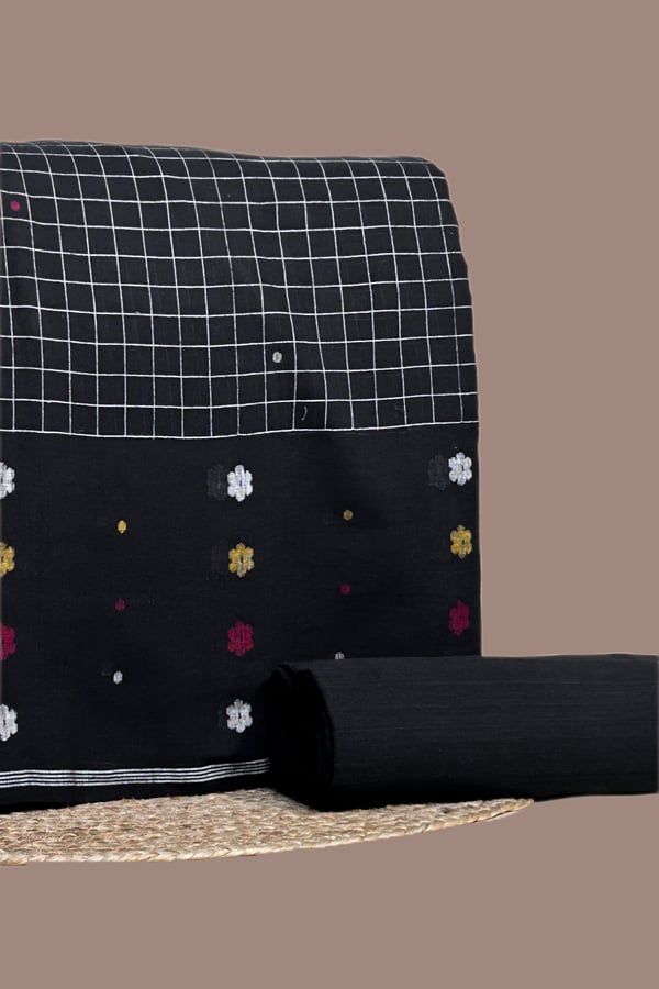 Black - 2pc Jamdani Intricate Woven Cotton Top and Handloom Bottom Fabric Set Black - 2pc Jamdani Intricate Woven Cotton Top and Handloom Bottom Fabric Set - Image 1
