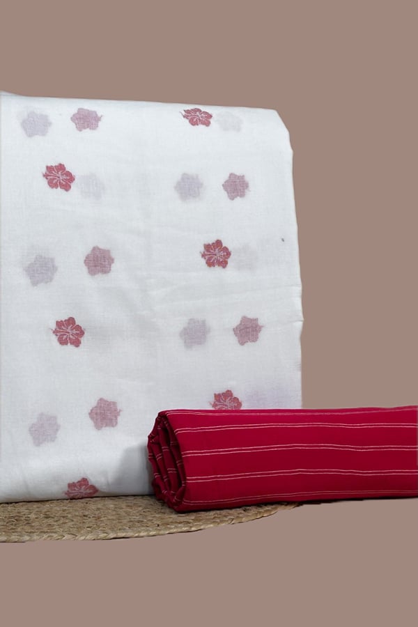 White - 2pc Handloom Woven Design Cotton Top and Handloom Stripes Soft Cotton Bottom Fabric Set White - 2pc Handloom Woven Design Cotton Top and Handloom Stripes Soft Cotton Bottom Fabric Set - Image 1