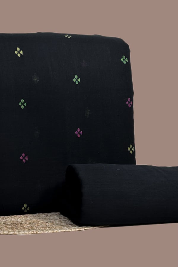 Black - 2pc Handloom Woven Design Cotton Top and Handloom Soft Cotton Bottom Fabric Set