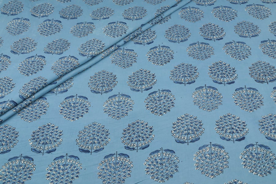 Blue - Neel Phool Bageecha Ajrakh Cotton Blockprint Fabric Blue - Neel Phool Bageecha Ajrakh Cotton Blockprint Fabric - Image 1