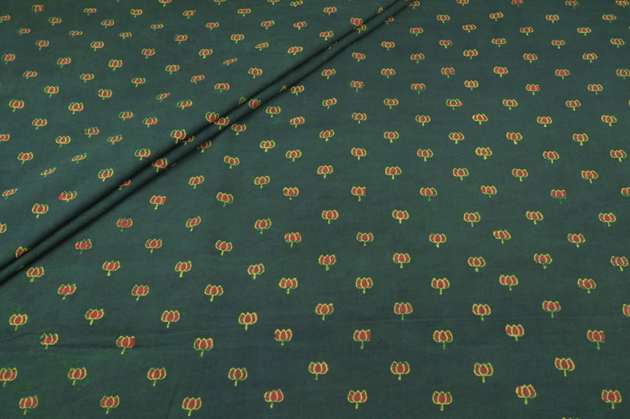 Blue - Hari Gulnaar Buti Ajrakh Cotton Blockprint Fabric Green - Hari Gulnaar Buti Ajrakh Cotton Blockprint Fabric - Image 1