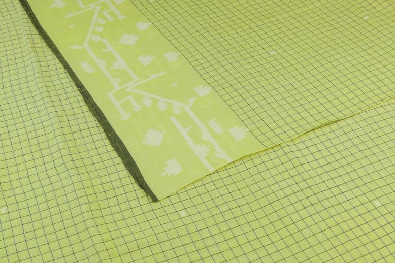 Green - Pale Lime Green Jamdani Border Cotton Fabric Green - Pale Lime Green Jamdani Border Cotton Fabric - Image 1