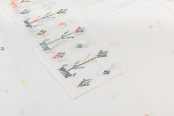 Pre-Cut 1m White - Natural White Jamdani Border Cotton Fabric
