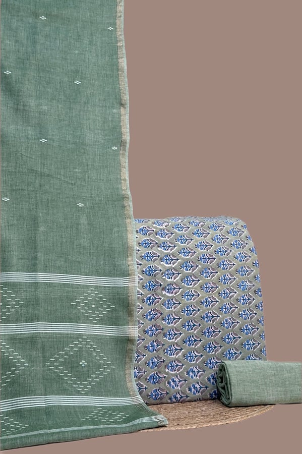 Green - 3pc Handloom Soft Cotton Dupatta with Blockprint Cotton Top & Bottom Set