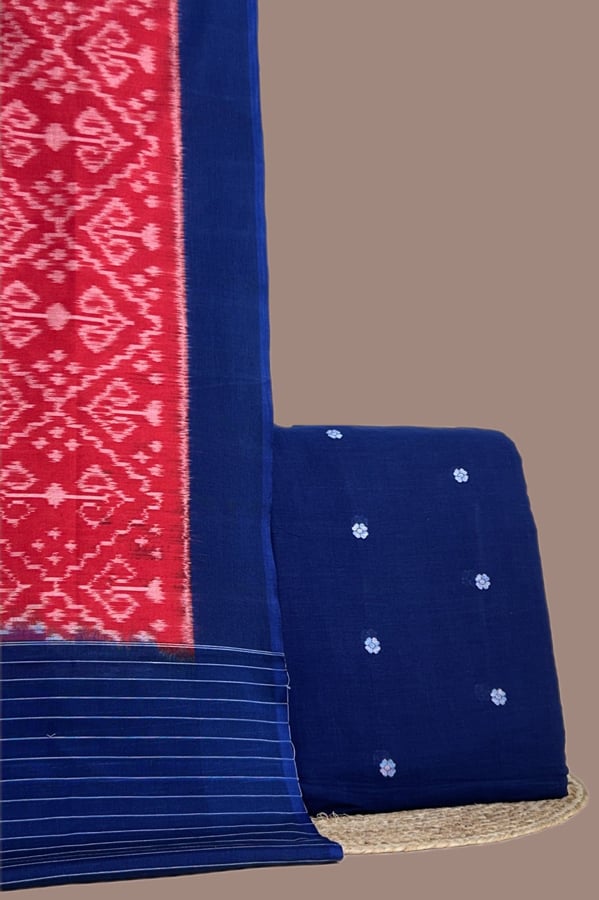 Blue - 2pc Ikkat Cotton Dupatta and Handloom Woven Motif Cotton Top Fabric Set