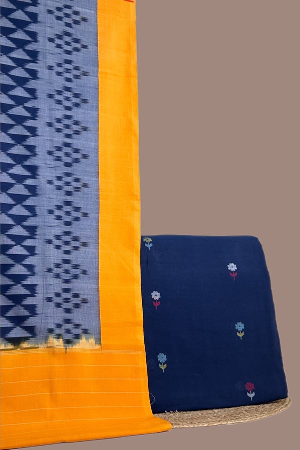 Blue - 2pc Ikkat Cotton Dupatta and Handloom Woven Motif Cotton Top Fabric Set
