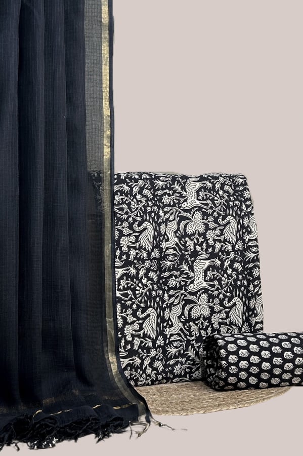 Black - 3pc Blockprint Maheshwari Silk Dupatta and Silk Top with Soft Cotton Bottom Fabric Set