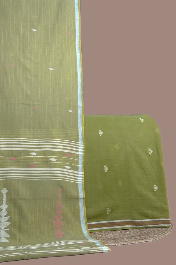 Green - 2pc Handloom Cotton Dupatta and Handloom Woven Design Top Fabric Set