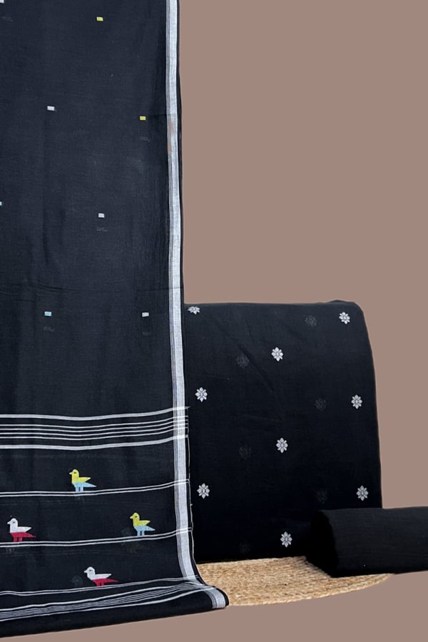 Black - 3Pc Handloom Cotton Dupatta with Woven Motif Top & Handloom Soft Cotton Bottom Fabric Set