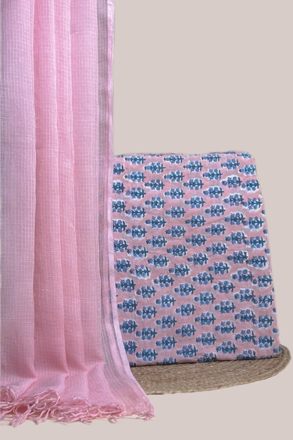 Pink - 2pc Kota Doria Dupatta and Pure Soft Cotton Blockprint Top Fabric Set Authentic HandBlock Sanganeri Printed