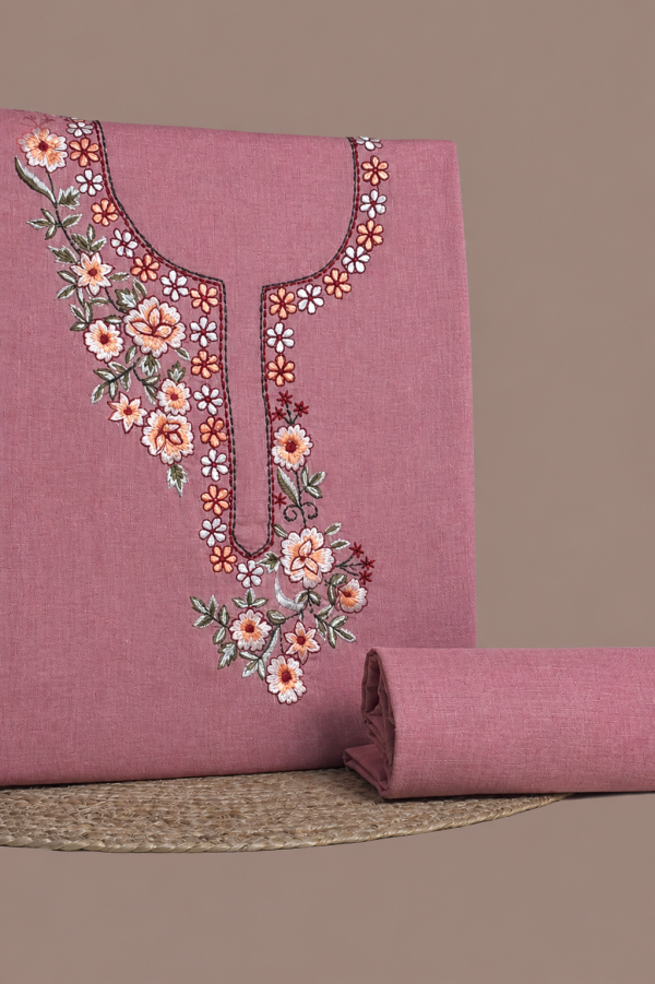 Pink - 2Pc Handloom Embroidered Neck Design Soft Cotton Top(3m) Bottom(2.5m) Fabric Set