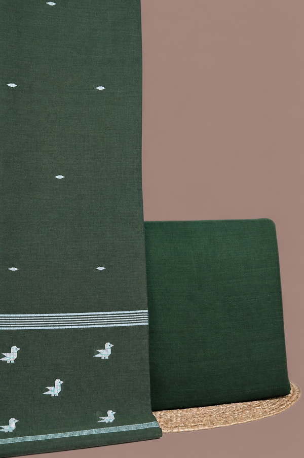 Green - 2pc Handloom Cotton Dupatta and Handloom Soft Cotton Top Fabric Set