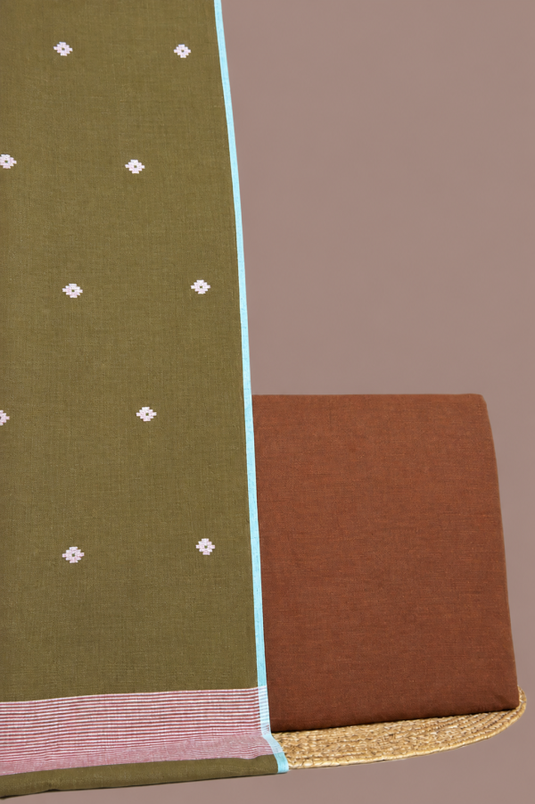 Brown - 2pc Handloom Cotton Dupatta and Handloom Soft Cotton Top Fabric Set