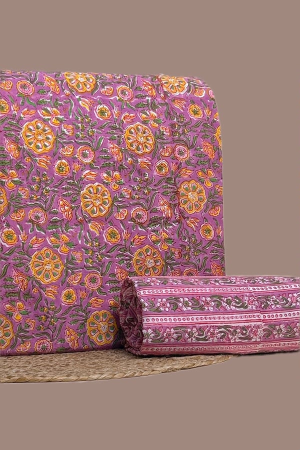Pink - 2pc Pure Soft Cotton Blockprinted Top and Bottom Fabric Set Authentic HandBlock Sanganeri Printed