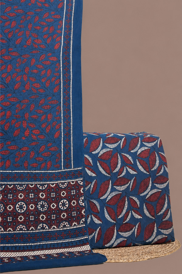 Blue - 2pc Ajrakh HandCrafted Cotton Dupatta and Top Cotton Fabric Set Authentic Natural Dye
