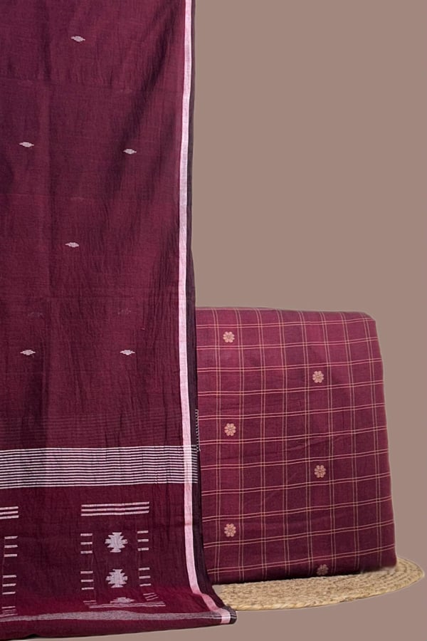 Maroon - 2pc Handloom Cotton Dupatta and Handloom Woven Design Top Fabric Set Authentic HandLoom Woven