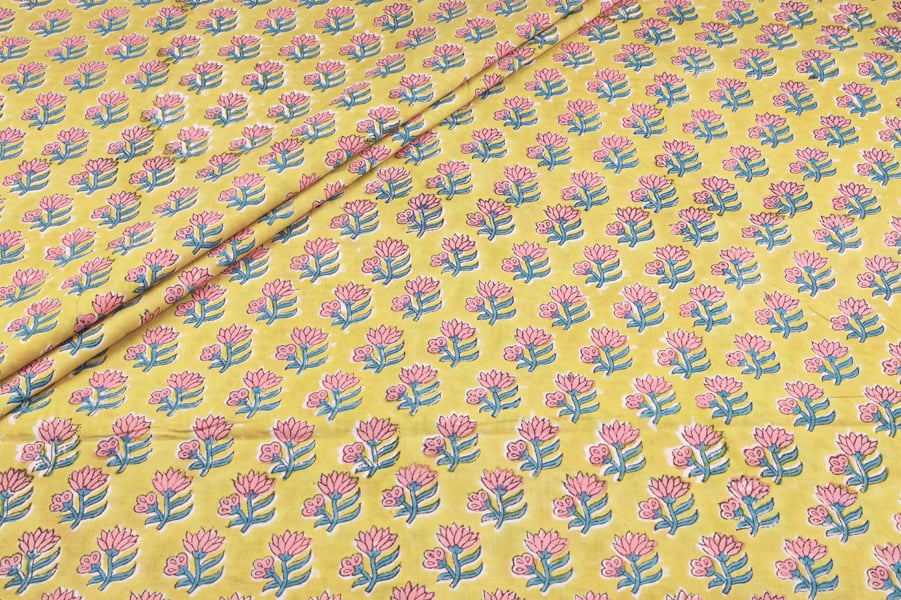 Daisy Yellow Pure Soft Cotton HandBlock Printed Fabric Authentic HandBlock Sanganeri Printed