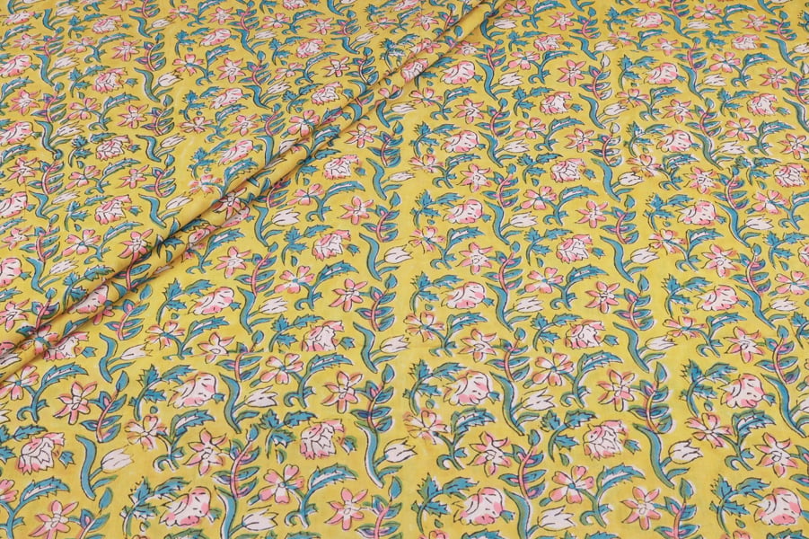 Daisy Yellow Pure Soft Cotton HandBlock Printed Fabric Authentic HandBlock Sanganeri Printed