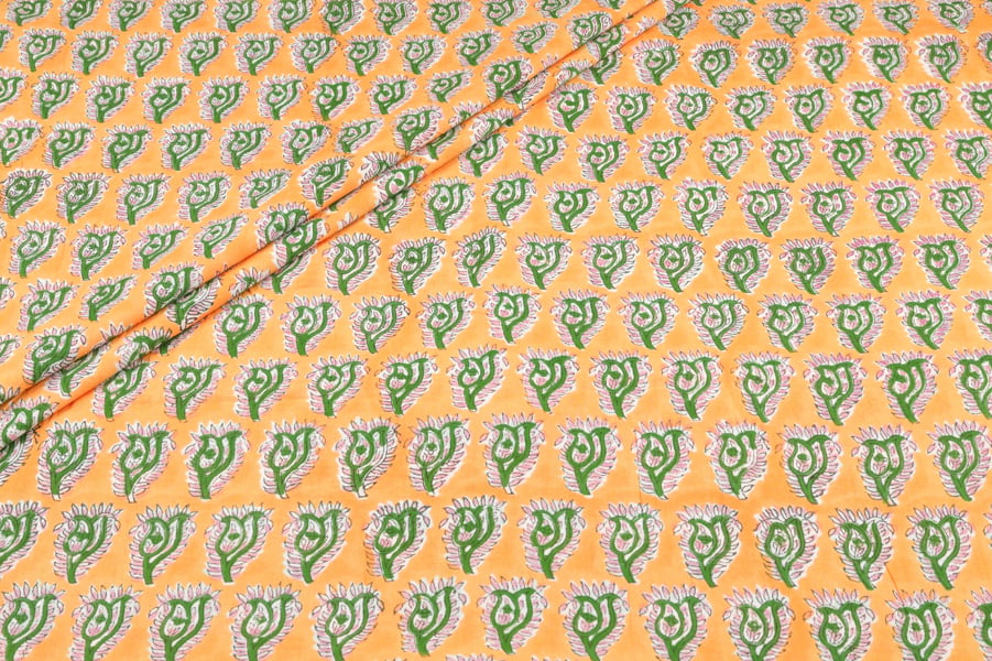 Yellow Orange Bloom Pure Soft Cotton HandBlock Printed Fabric Authentic HandBlock Sanganeri Printed