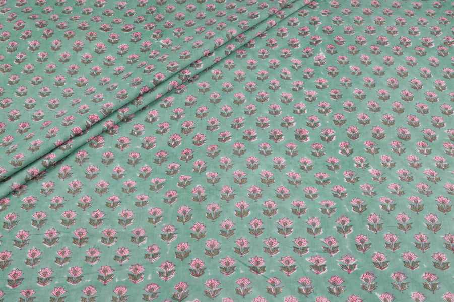Mint Tulip Pure Soft Cotton HandBlock Printed Fabric Authentic HandBlock Sanganeri Printed