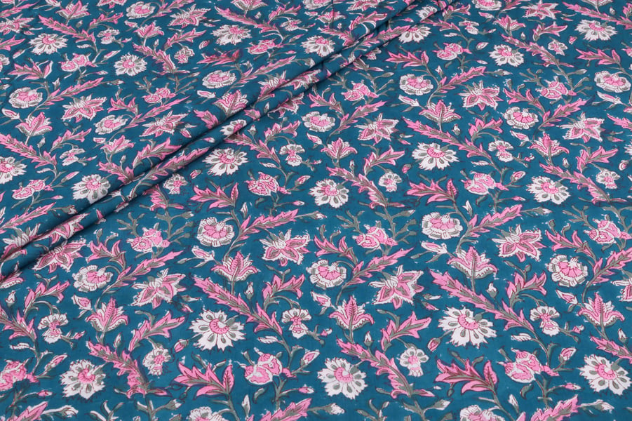 Aqua Bloom Breeze Pure Soft Cotton HandBlock Printed Fabric Authentic HandBlock Sanganeri Printed